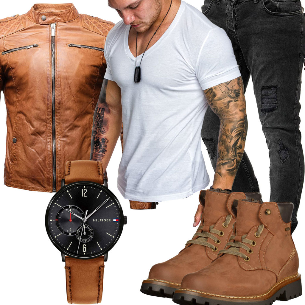 Herren-Style mit brauner Lederjacke, Stiefeln und Uhr