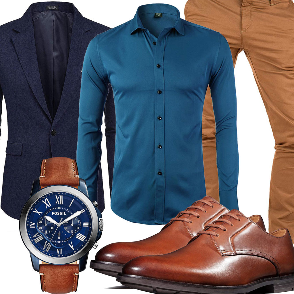 Business-Style mit dunkelblauem Hemd und Sakko