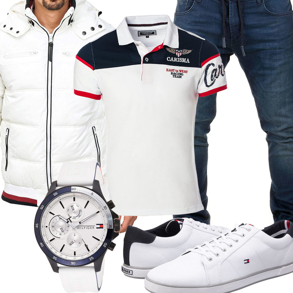 Weißes Herrenoutfit mit Poloshirt, Steppjacke und Uhr