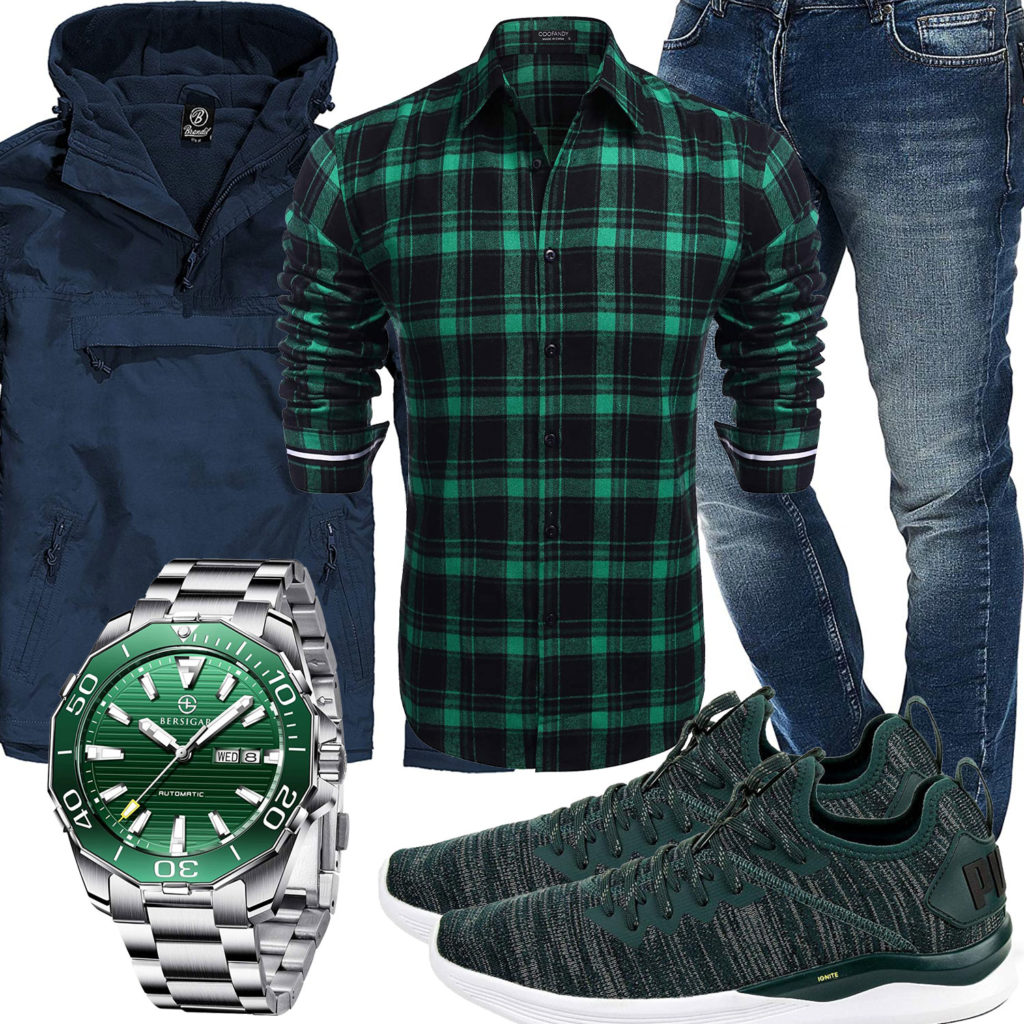 Grün-Blaues Herrenoutfit mit Hemd, Jeans und Uhr