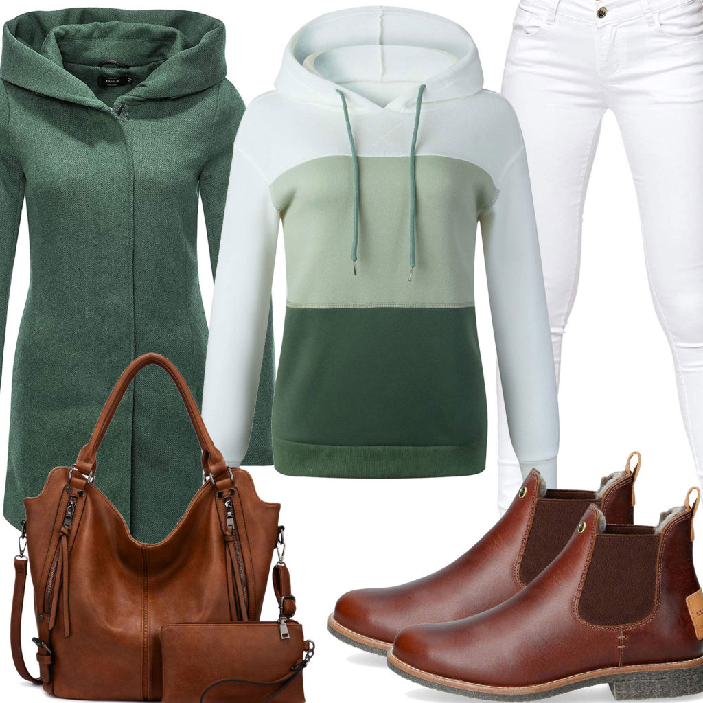 Grün-Weißes Frauenoutfit mit brauner Tasche und Schuhen