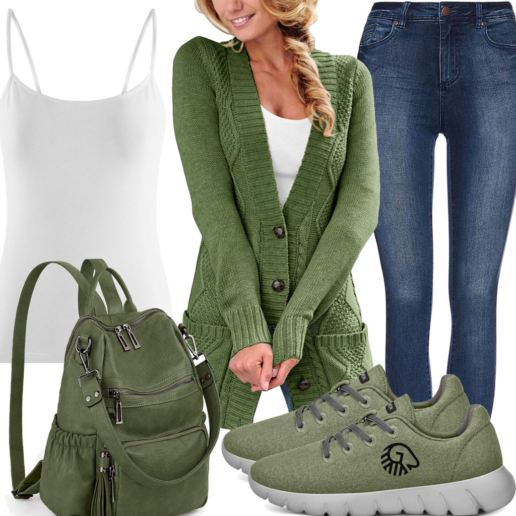 Grünes Frauenoutfit mit Strickjacke, Rucksack und Sneakern