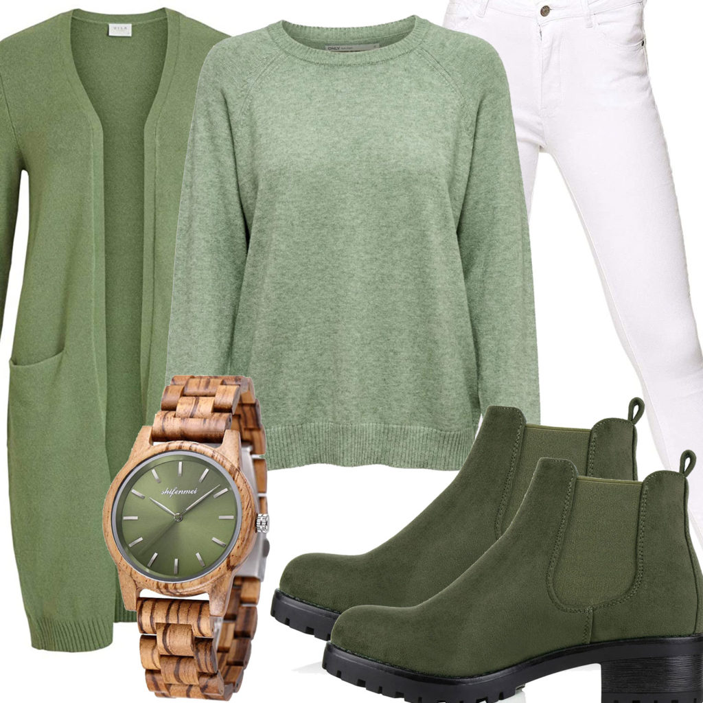 Grünes Frauenoutfit mit Strickjacke, Stiefel und Uhr
