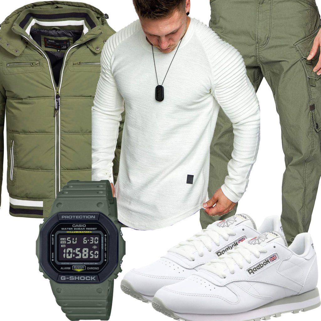 Grün-Weißes Herrenoutfit mit Steppjacke und Sneakern