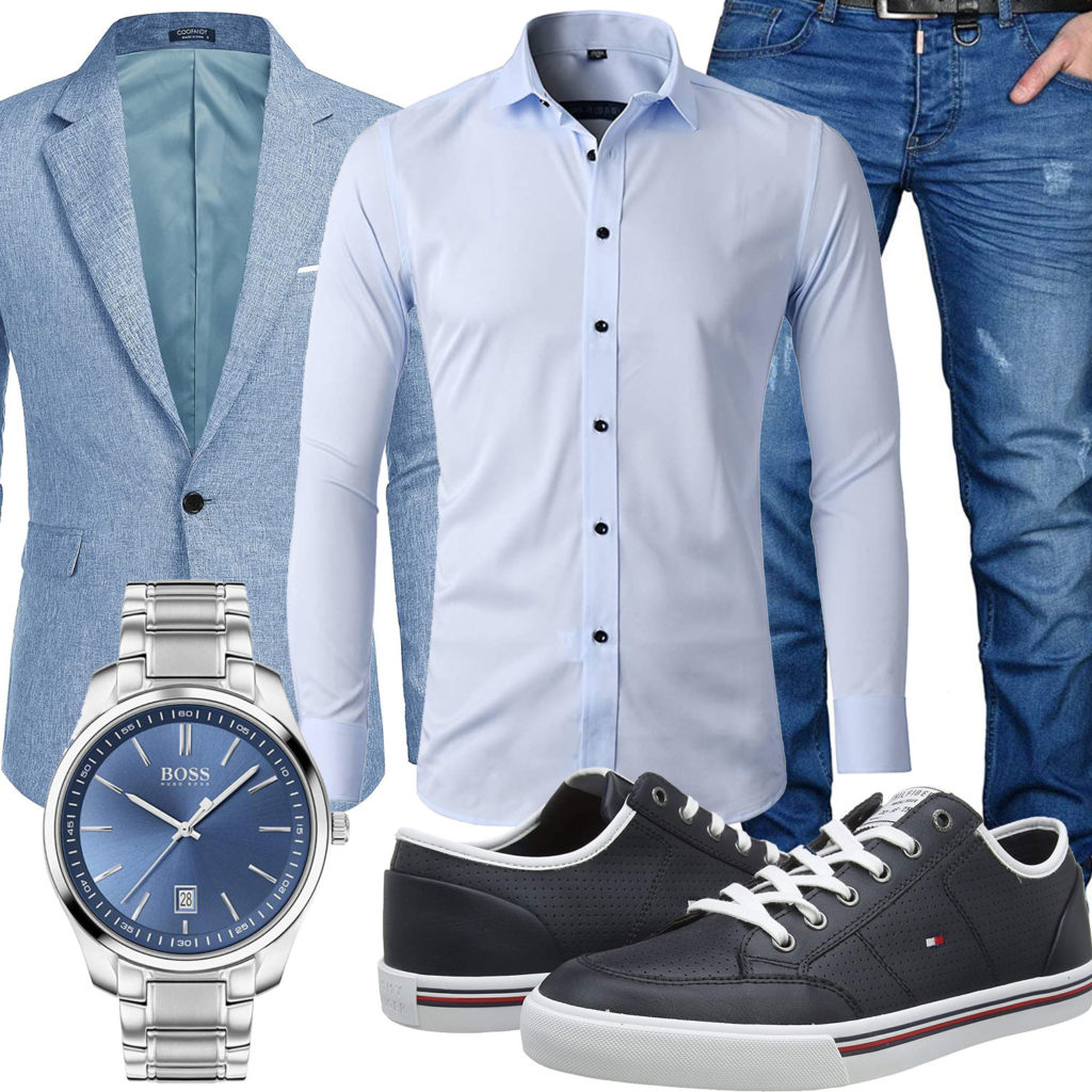 Blauer Business-Style mit Hemd, Sakko und Jeans