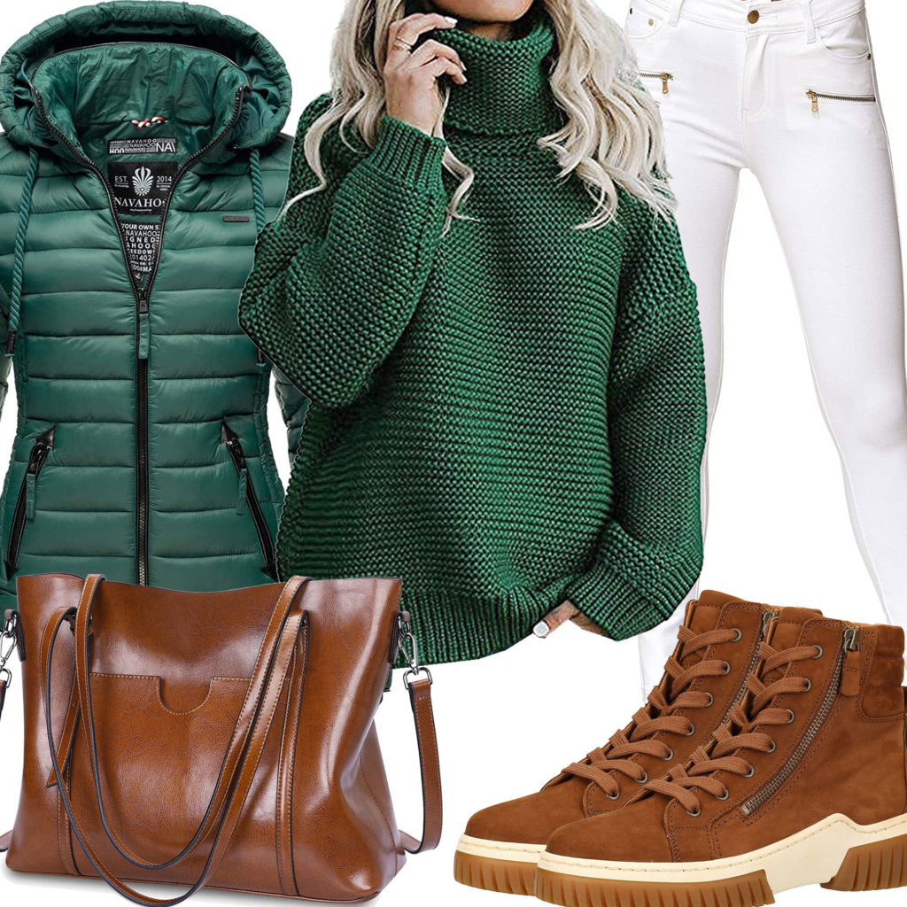 Frauen-Style mit grünem Pullover und Steppjacke