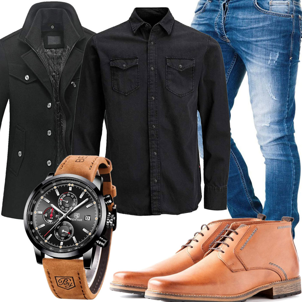 Business-Style mit schwarzem Hemd, Parka und Jeans