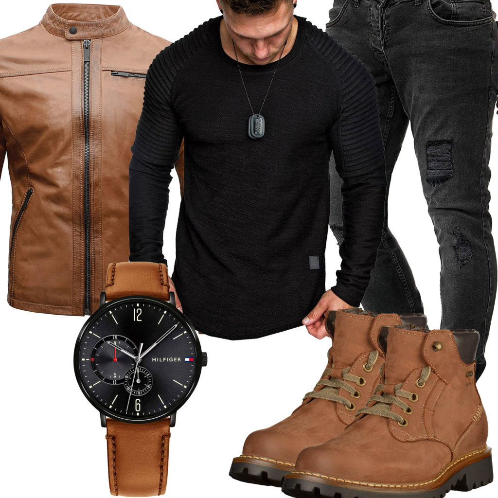 Braun-Schwarzes Herrenoutfit mit Lederjacke und Stiefeln