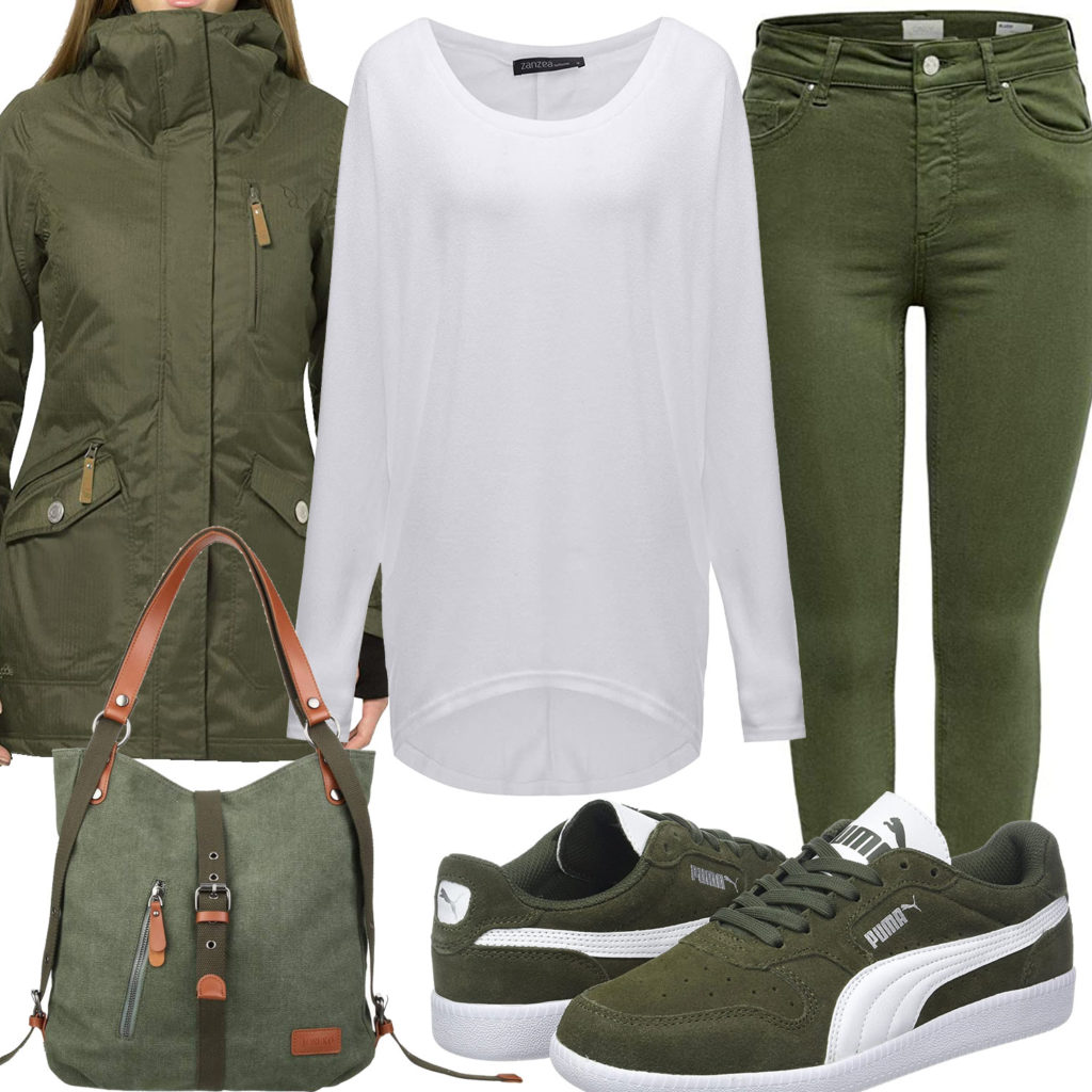Grün-Weißes Frauenoutfit mit Parka und Tasche