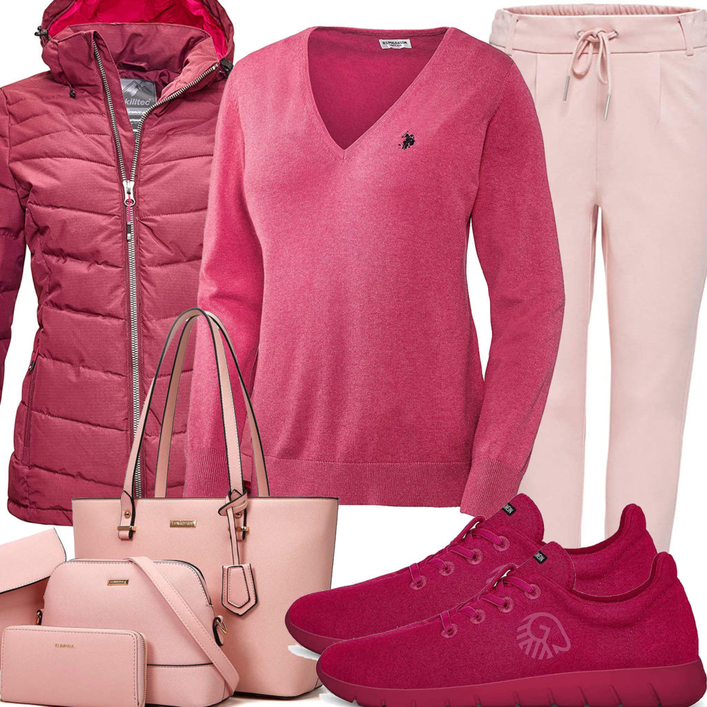 Rosa-Rotes Frauenoutfit mit Steppjacke und Sneakern