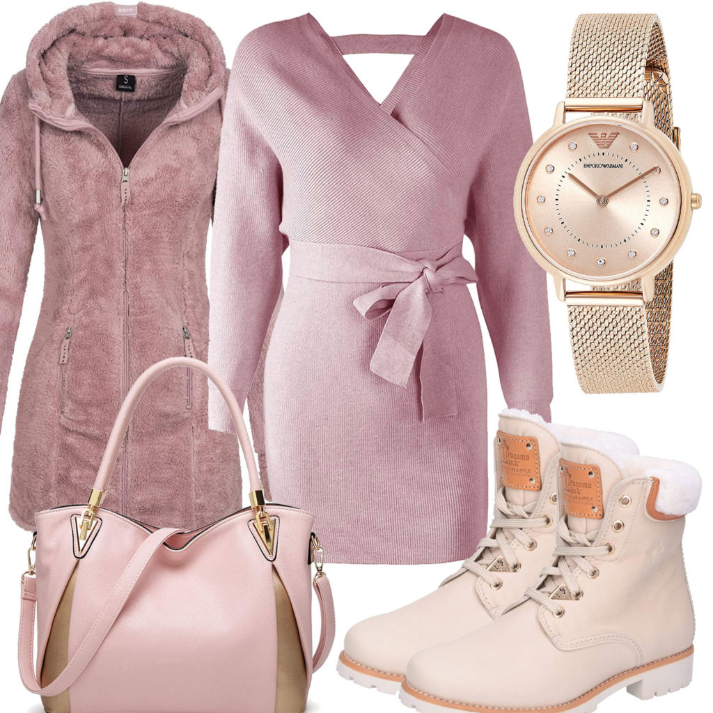 Winter-Frauenoutfit in Rosa und Creme