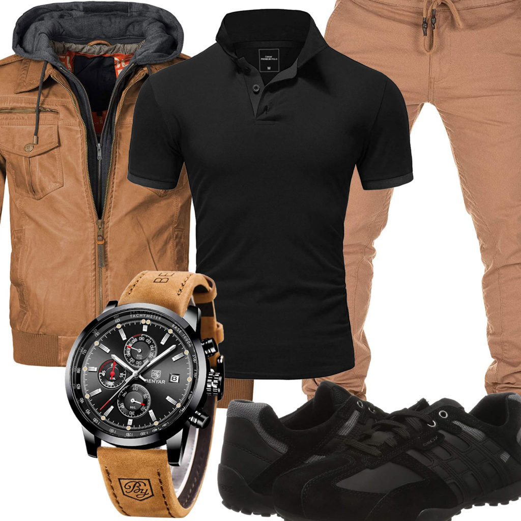Braun-Schwarzes Herrenoutfit mit Poloshirt und Uhr