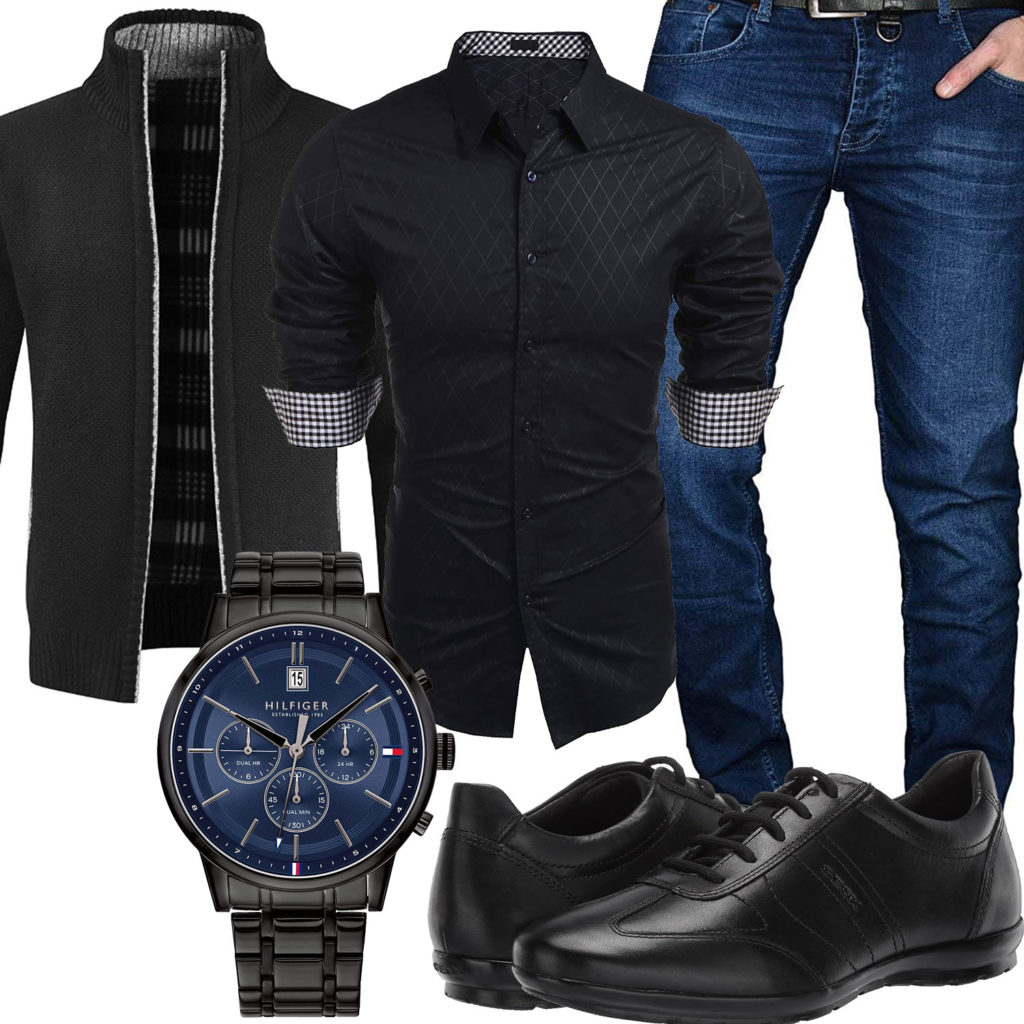 Herren-Style mit schwarzem Hemd, Strickjacke und Sneakern