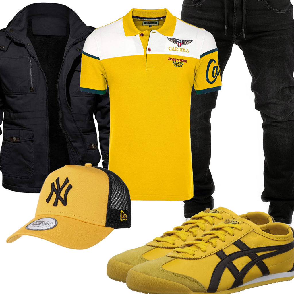 Schwarz-Gelber Style mit Cap und Sneakern