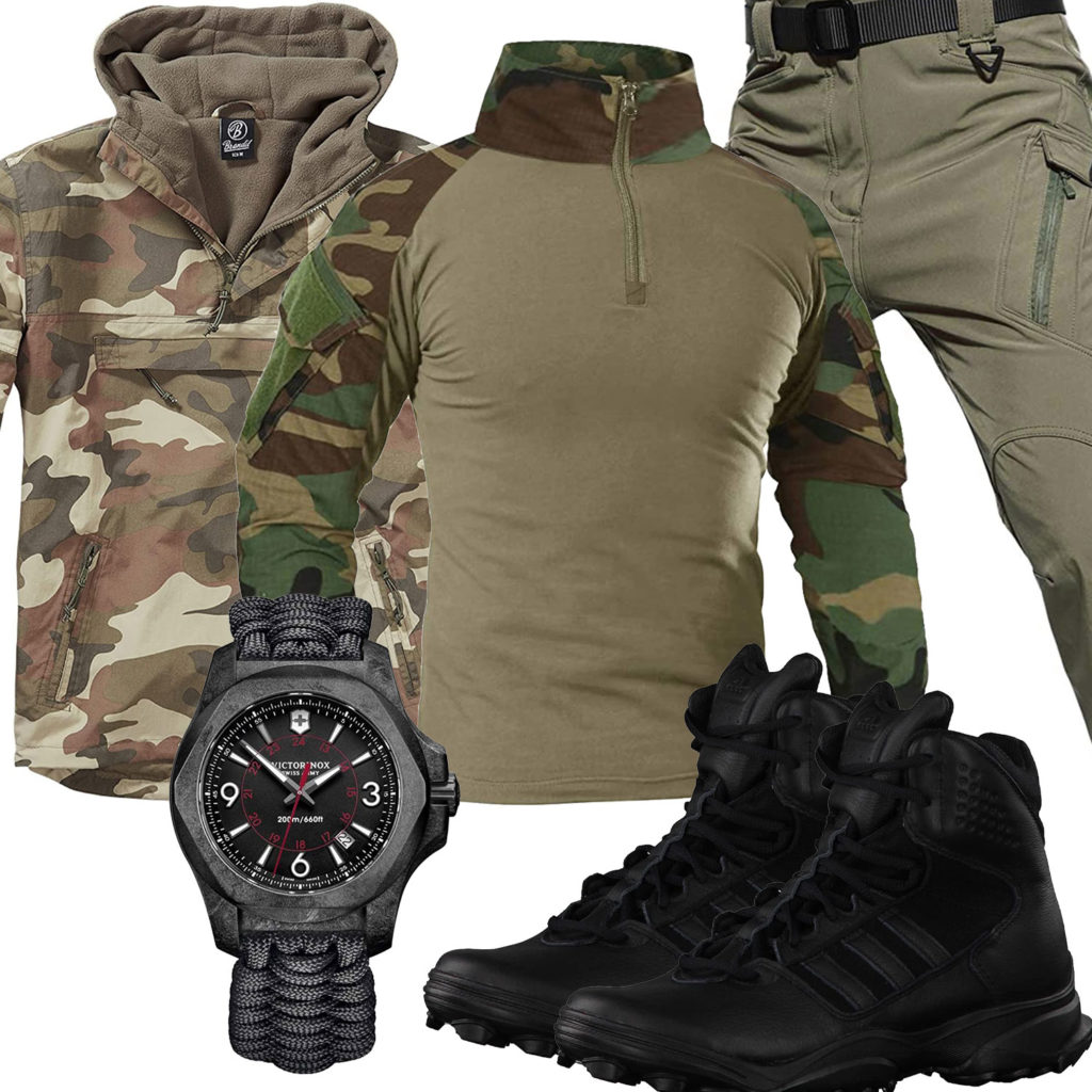 Military-Style mit Camouflage Longsleeve und Windbreaker