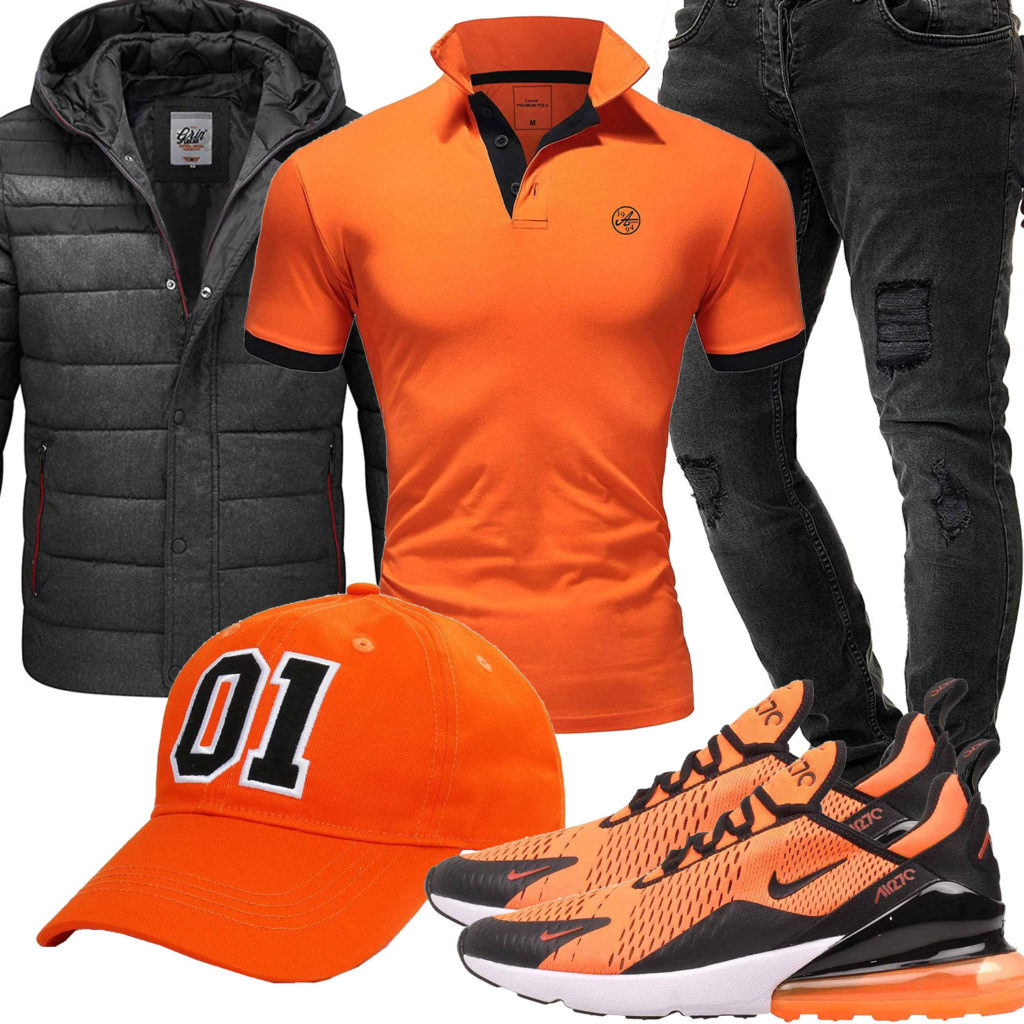 Schwarz-Oranges Herrenoutfit mit Cap und Nike's