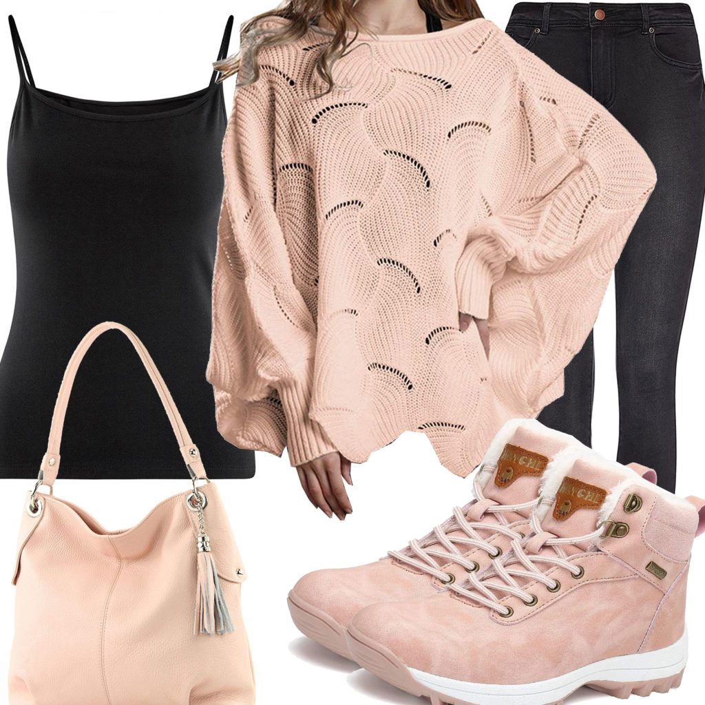 Frauen-Style mit apricot Tasche, Pullover und Stiefeln