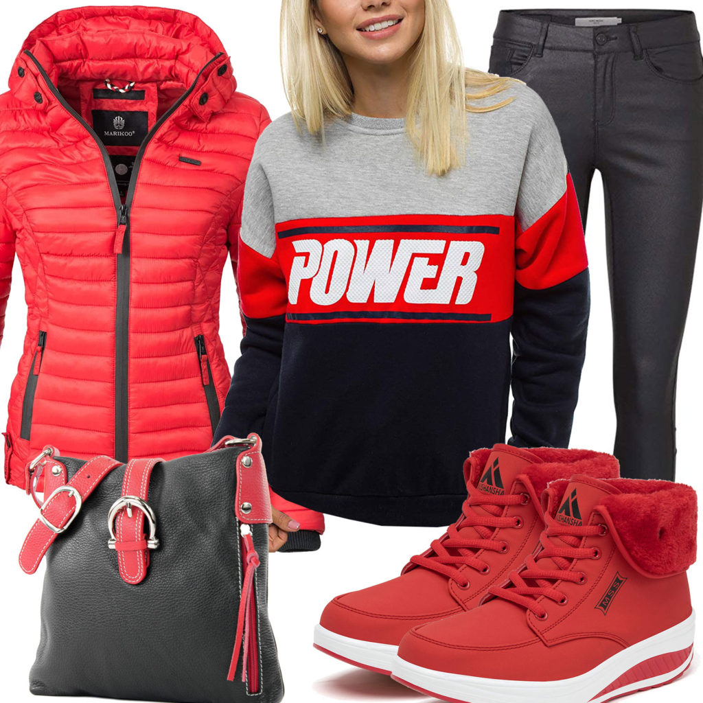 Schwarz-Rotes Frauenoutfit mit gefütterten Sneakern und Steppjacke