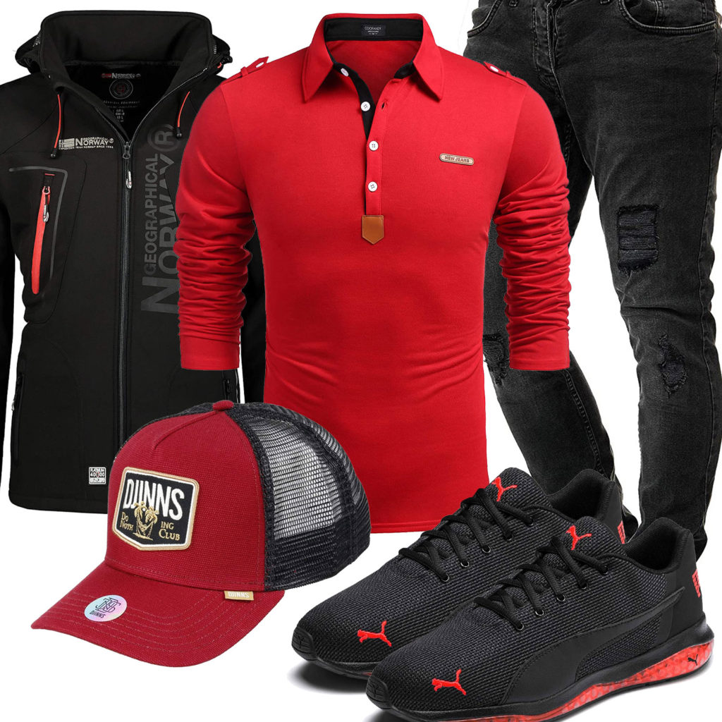 Schwarz-Rotes Herrenoutfit mit Poloshirt und Jeans