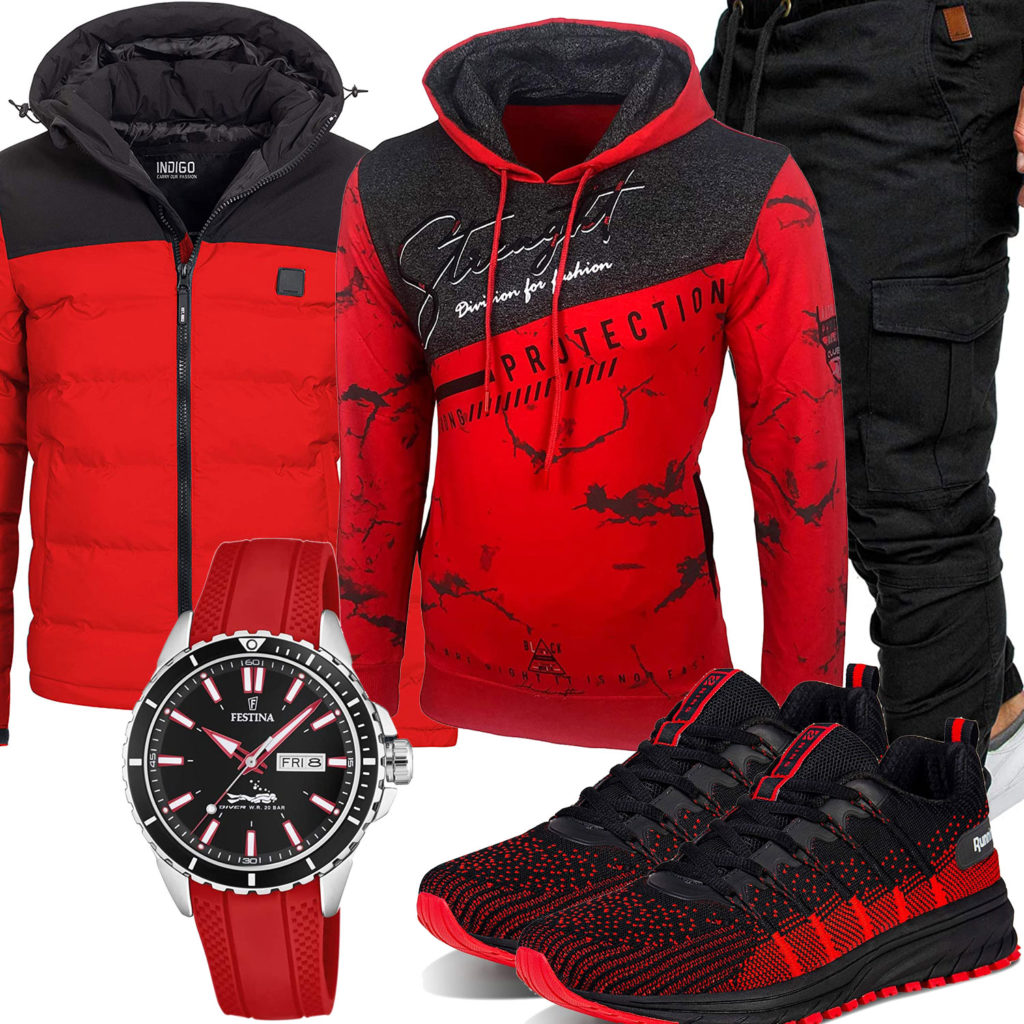 Schwarz-Roter Style mit Steppjacke, Uhr und Sneakern