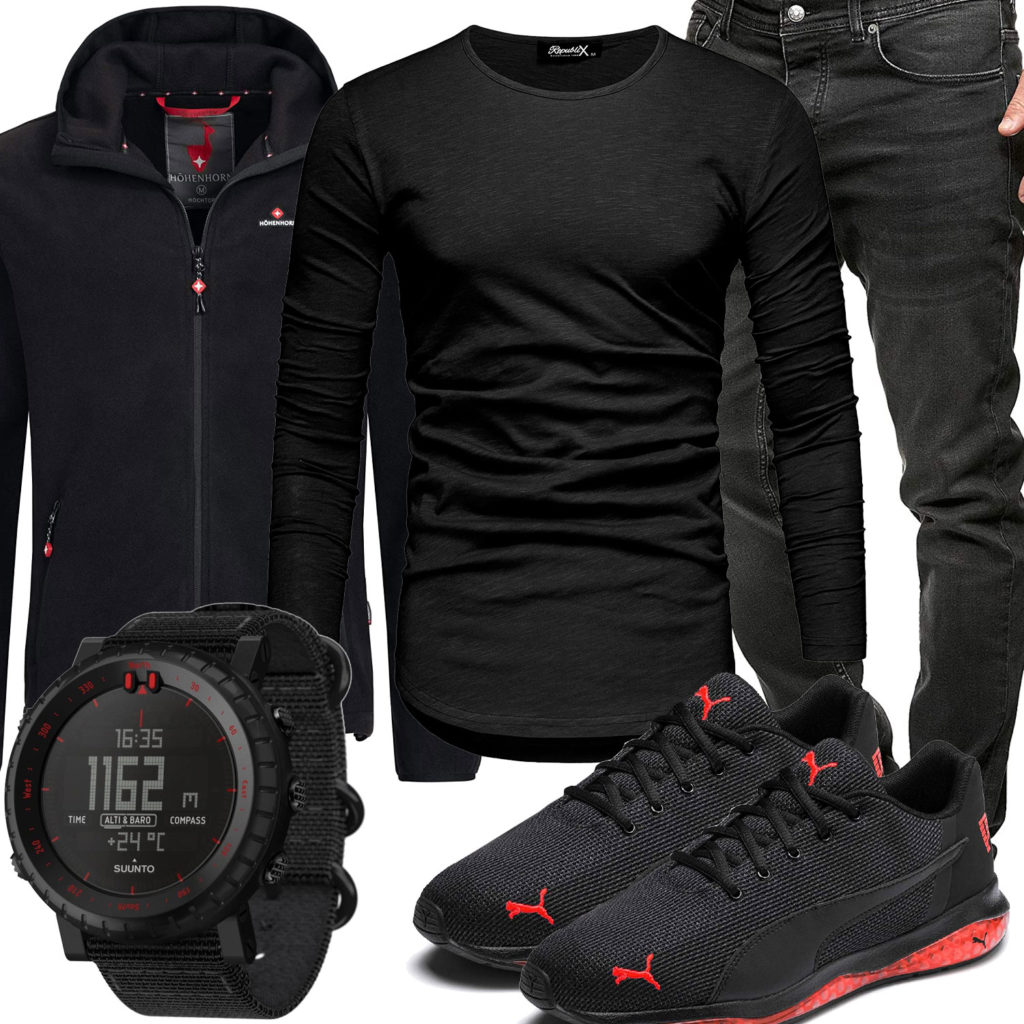 Schwarz-Roter Style mit Uhr, Sneakern und Longsleeve