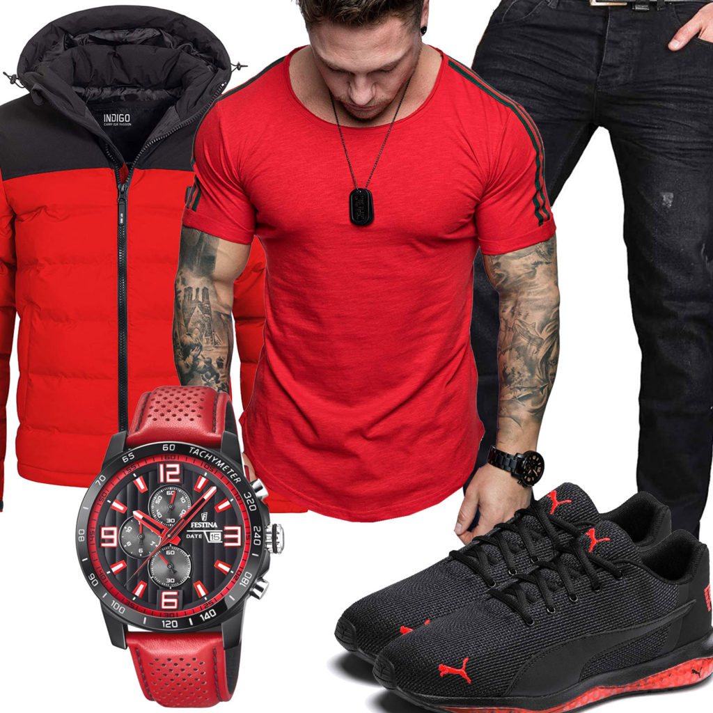 Schwarz-Roter Style mit Steppjacke und Shirt
