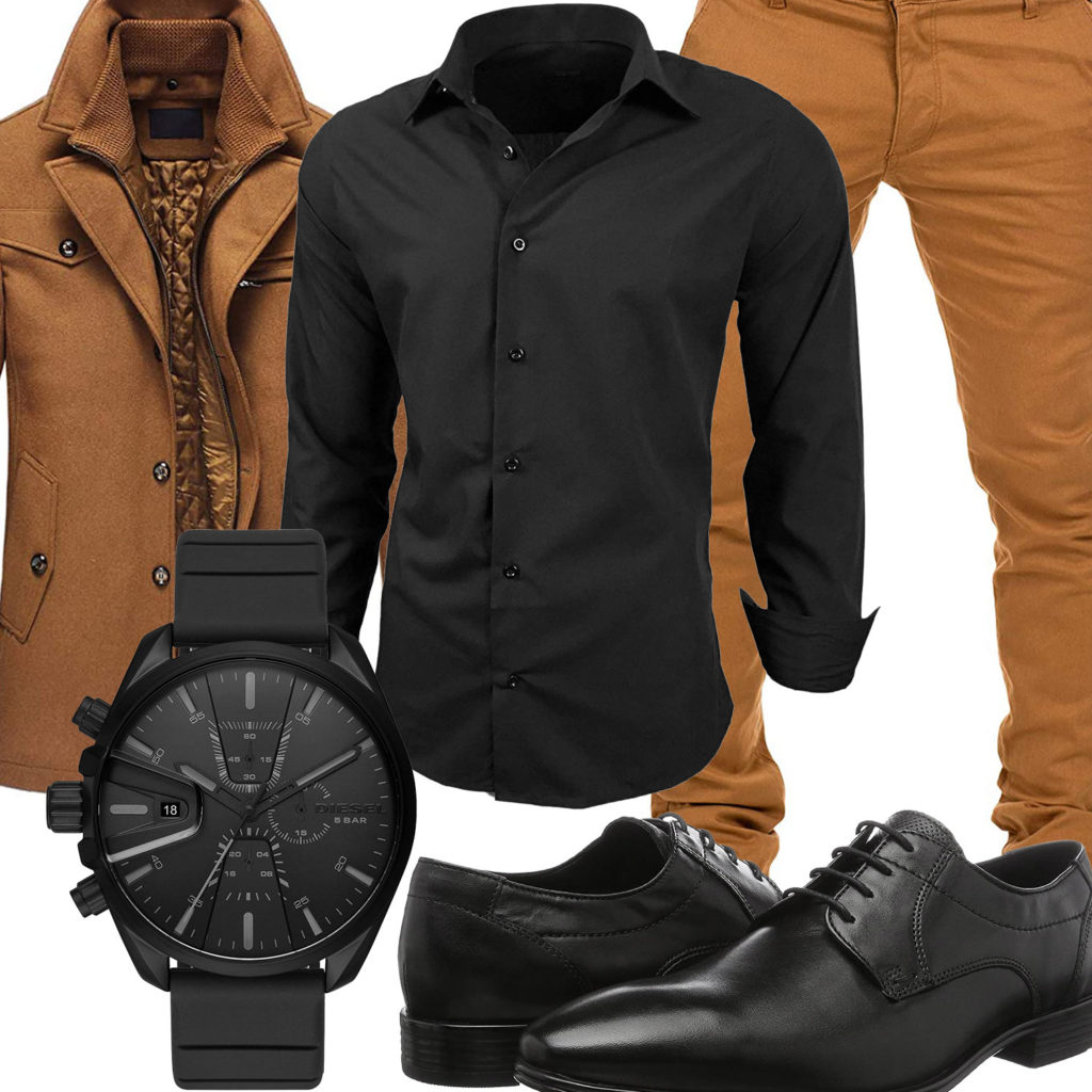 Business-Herrenoutfit mit schwarzem Hemd, Uhr und Schuhen