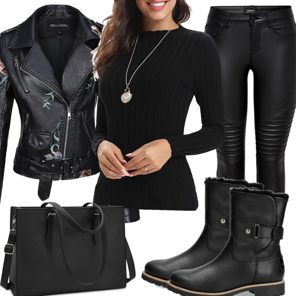 Schwarzes Frauenoutfit mit Lederjacke, Biker-Hose und Stiefeln