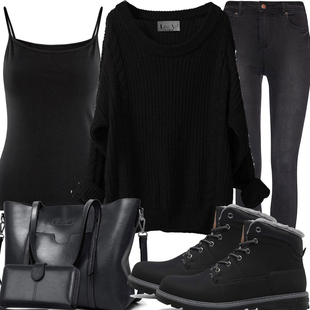 Schwarzes Damenoutfit mit Stiefeln, Pullover und Top