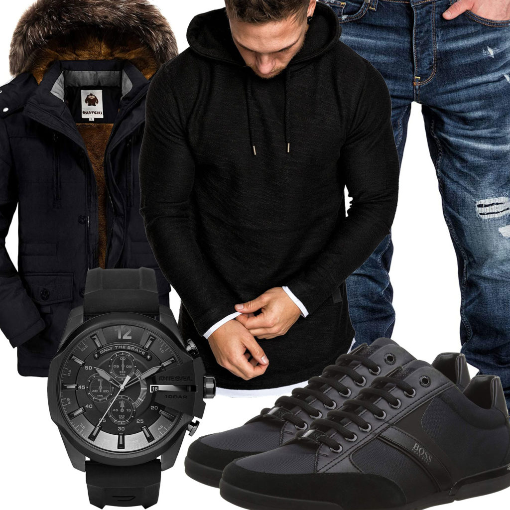 Herren-Style mit schwarzem Hoodie, Uhr und Sneakern