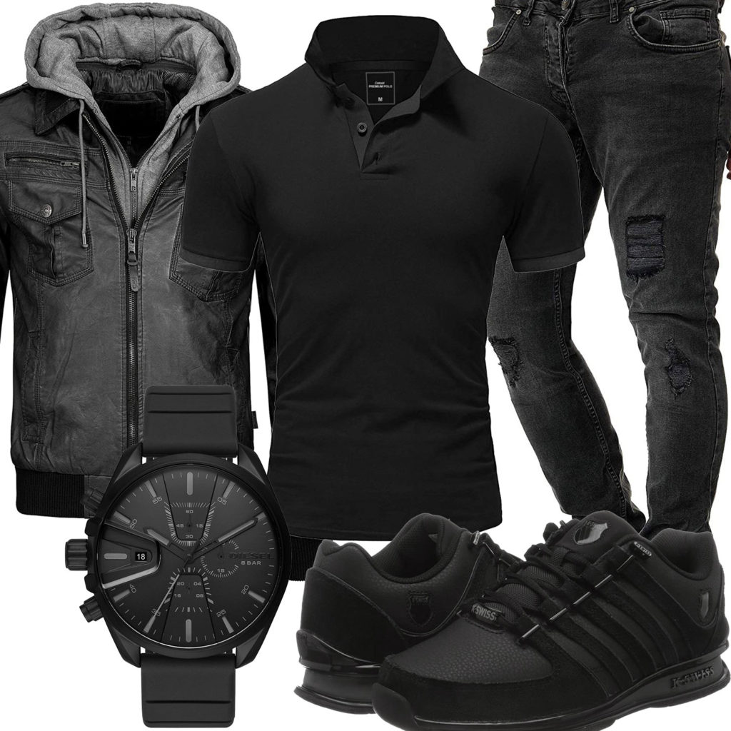 Schwarzes Herrenoutfit mit Poloshirt, Lederjacke und Uhr
