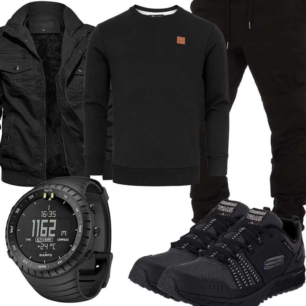 Schwarzer Style mit Sneakern, Pullover und Jacke
