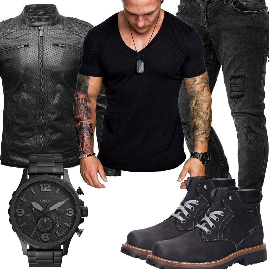 Schwarzes Herrenoutfit mit Lederjacke, Shirt und Jeans