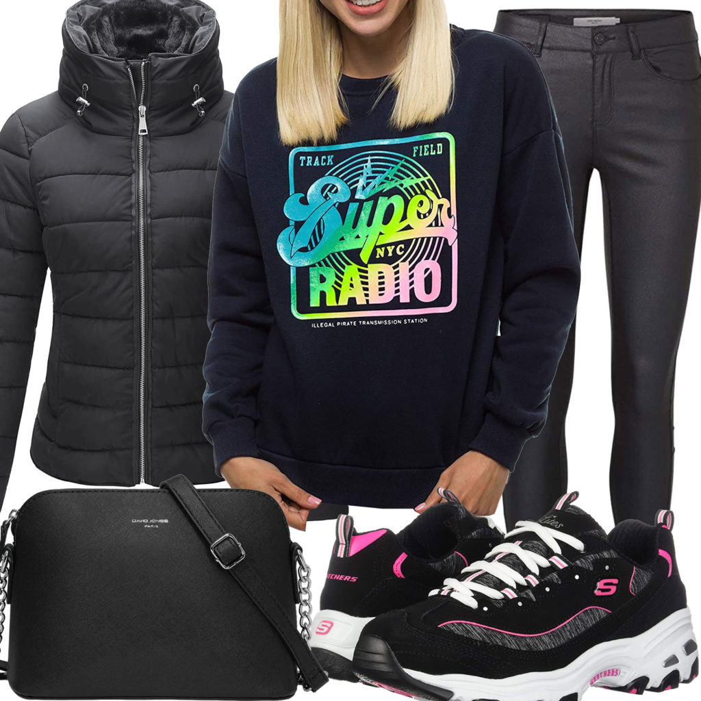 Schwarzes Frauenoutfit mit coolem Pullover und Sneakern