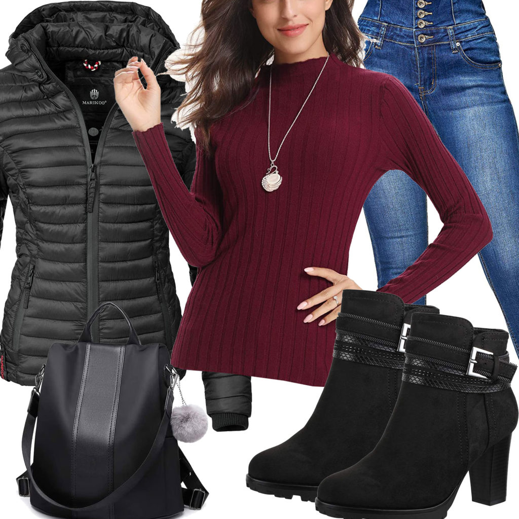 Damenoutfit mit schwarzer Jacke, Stiefeln und Rucksack