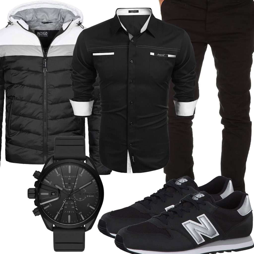 Schwarz-Weißes Herrenoutfit mit Steppjacke und Hemd