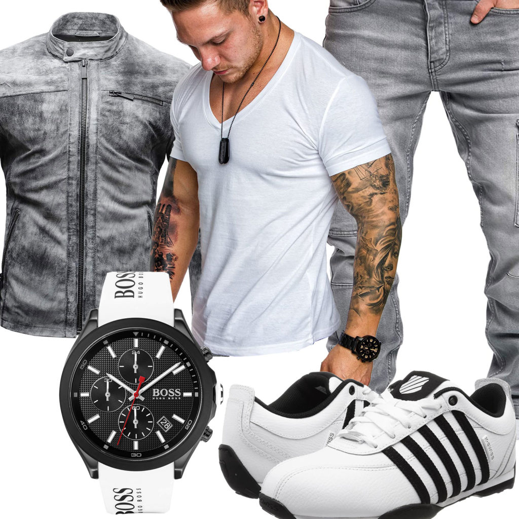 Schwarz-Weißes Herrenoutfit mit Lederjacke und Jeans