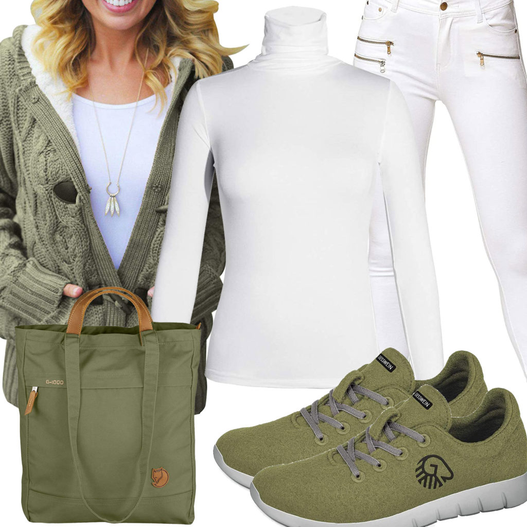 Grün-Weißes Frauenoutfit mit Strickjacke und Sneakern