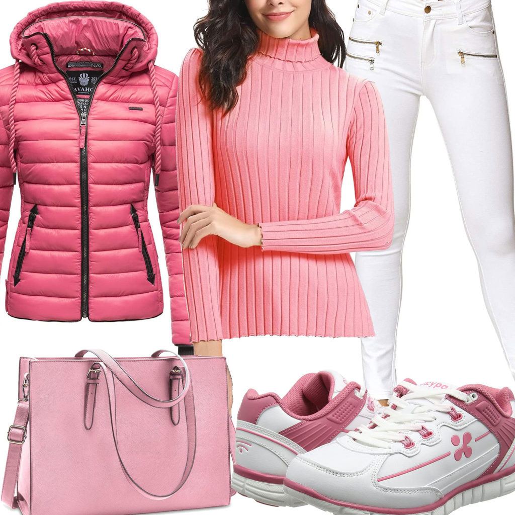 Rosa-Weißes Frauenoutfit mit Steppjacke und Pullover