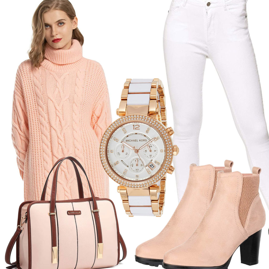 Weiß-Rosa Damenoutfit mit Strickkleid, Jeans und Uhr