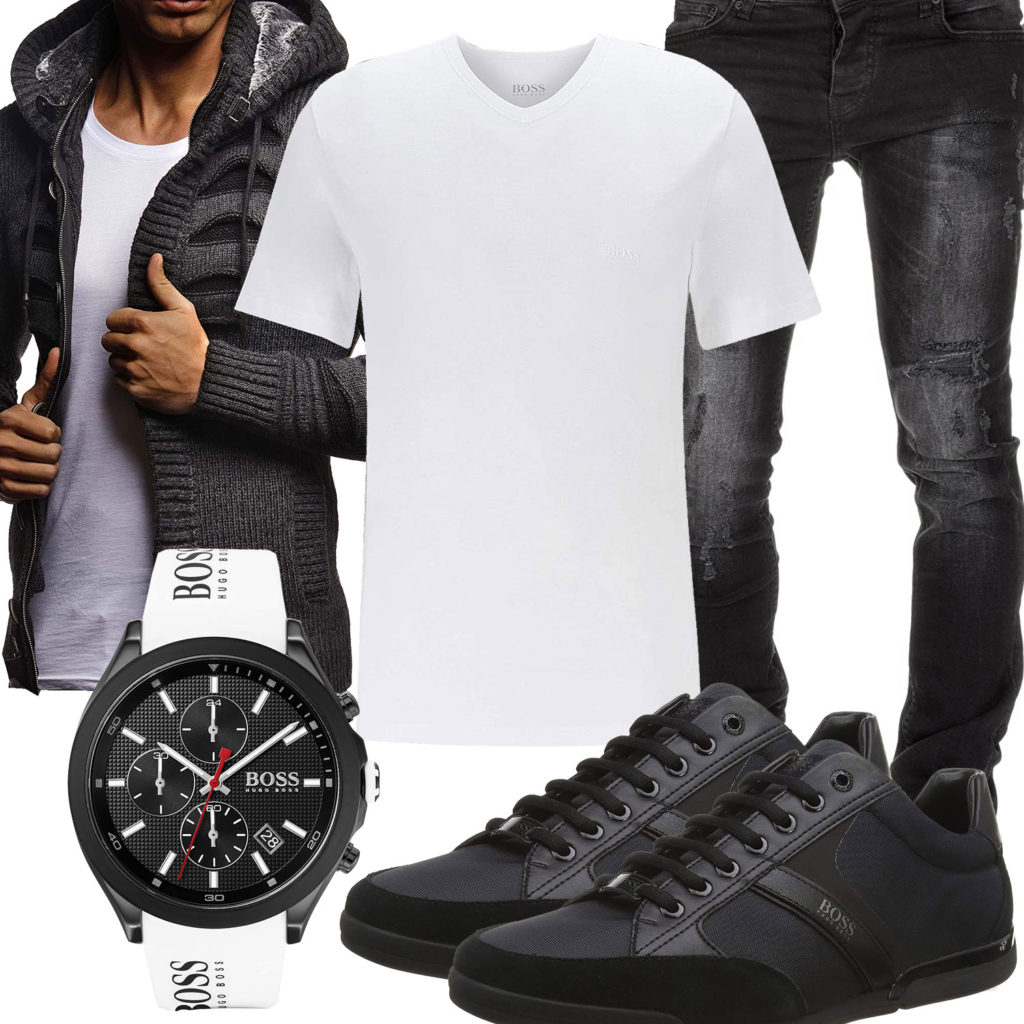 Schwarz-Weißes Herrenoutfit mit Jeansjacke und Jeans