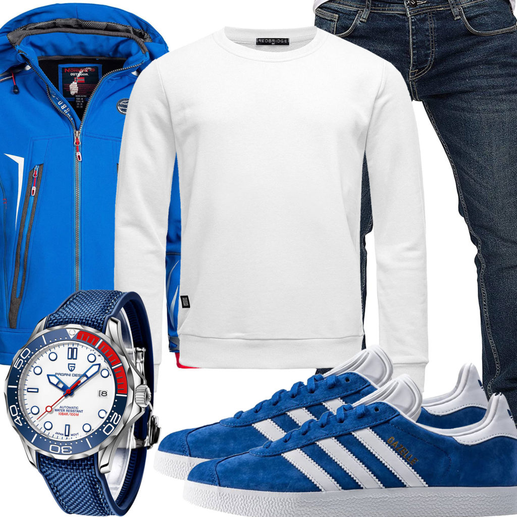 Blau-Weißes Herrenoutfit mit Uhr und Adidas Gazelle