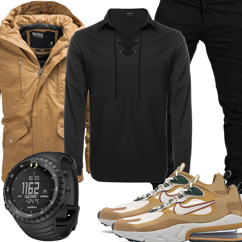 Beige-Schwarzes Herrenoutfit mit Nikes und Uhr