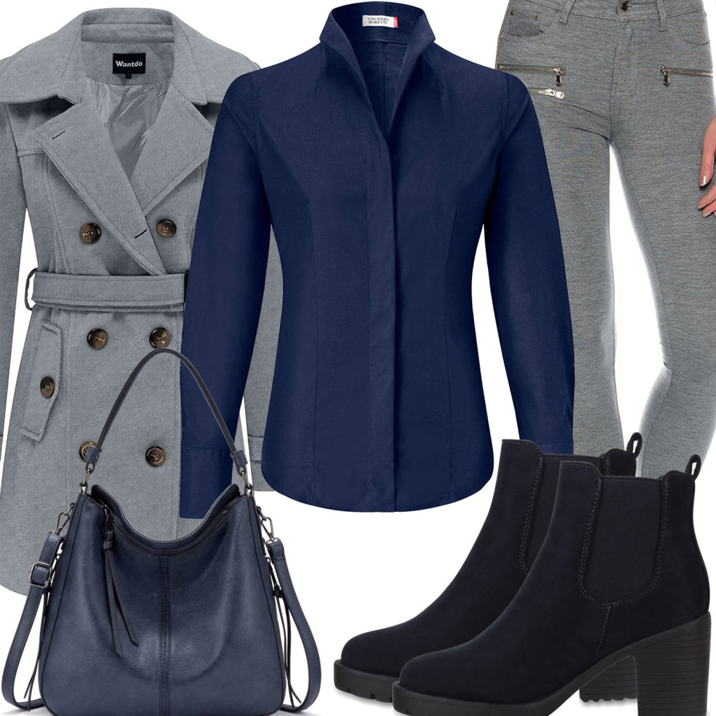 Blau-Graues Herrenoutfit mit Bluse, Trenchcoat und Stiefel