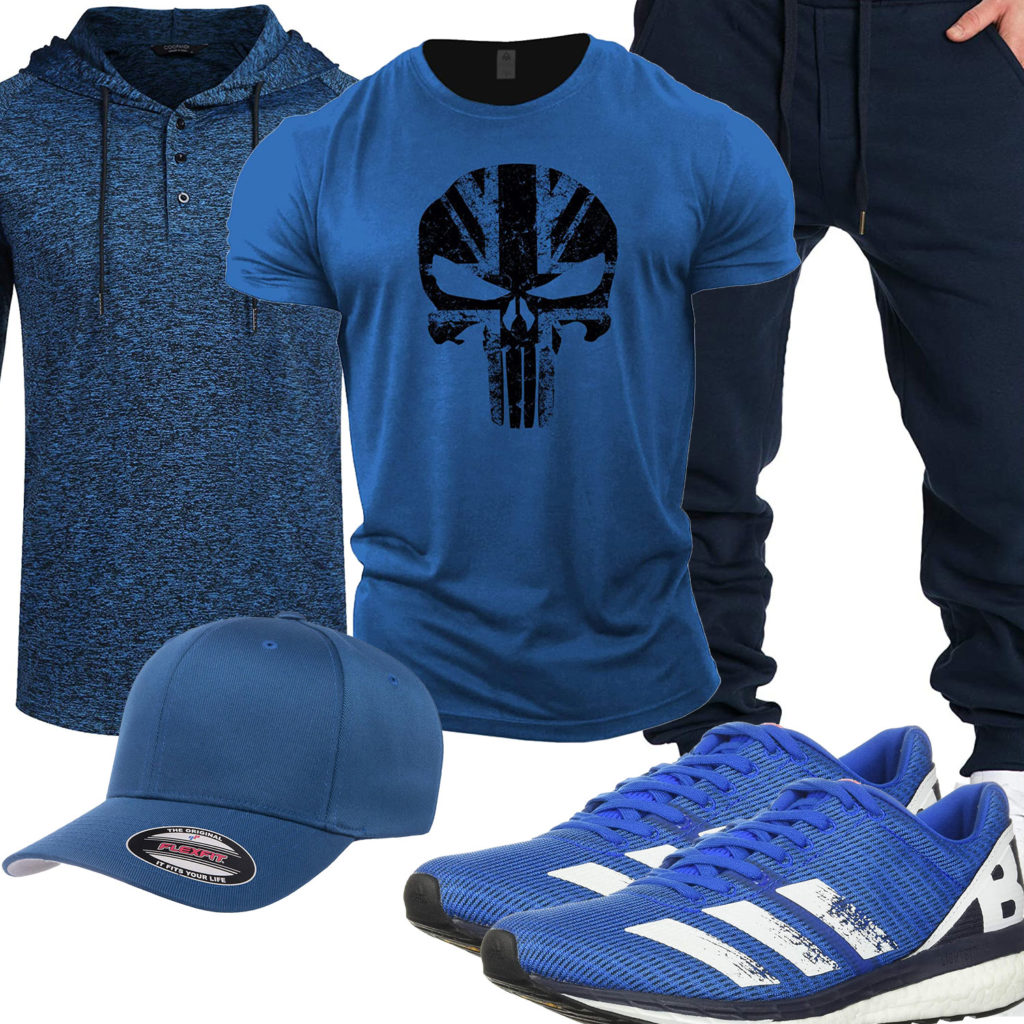 Blauer Gym-Style mit Shirt, Hoodie und Cargo-Hose
