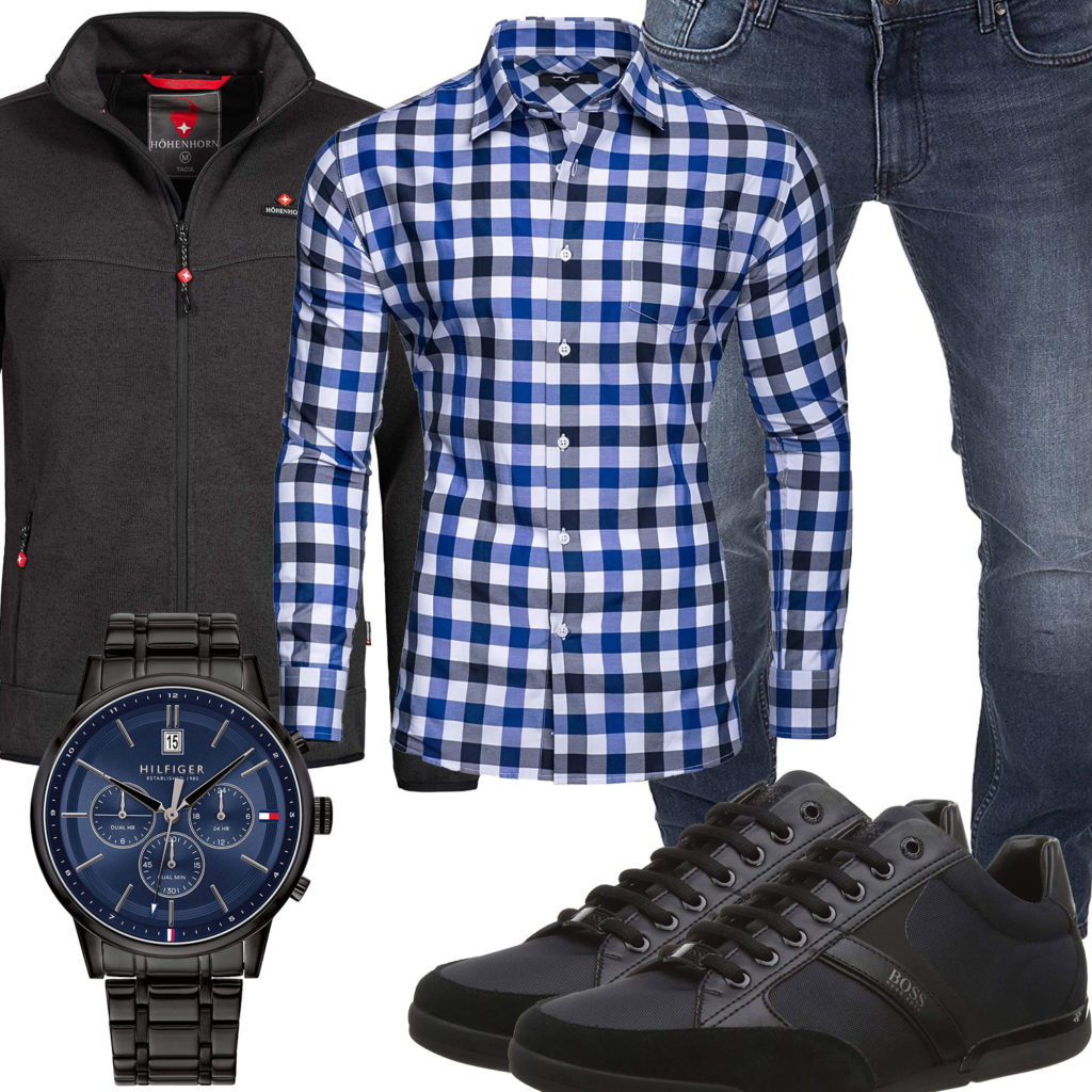 Blau-Schwarzes Herrenoutfit mit Hemd und Boss Sneakern
