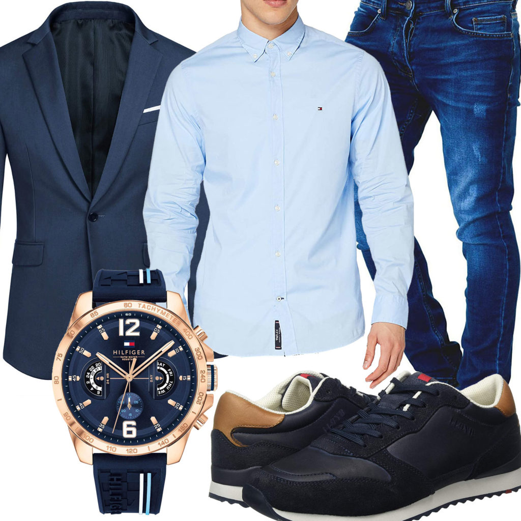Blaues Business-Herrenoutfit mit Hemd, Sakko und Jeans