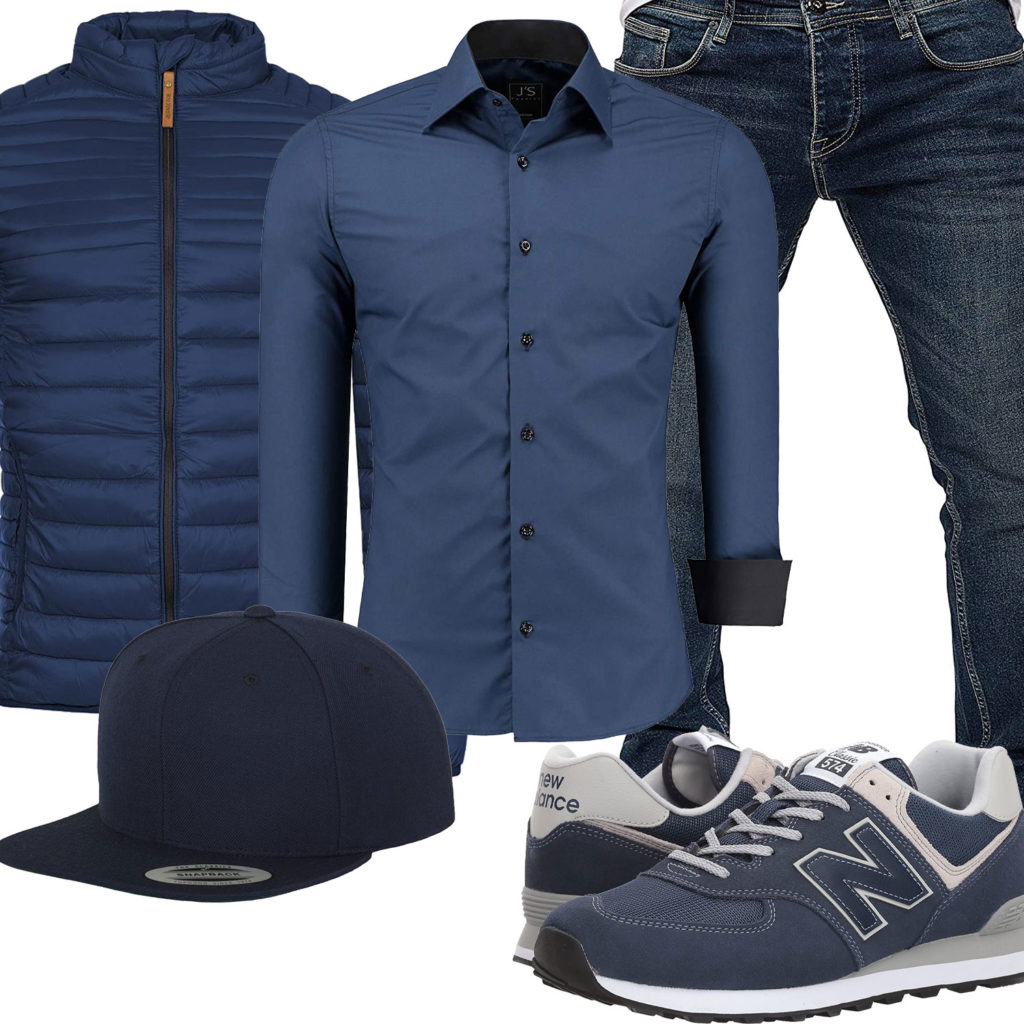 Blaues Herrenoutfit mit Hemd, Cap und Steppjacke