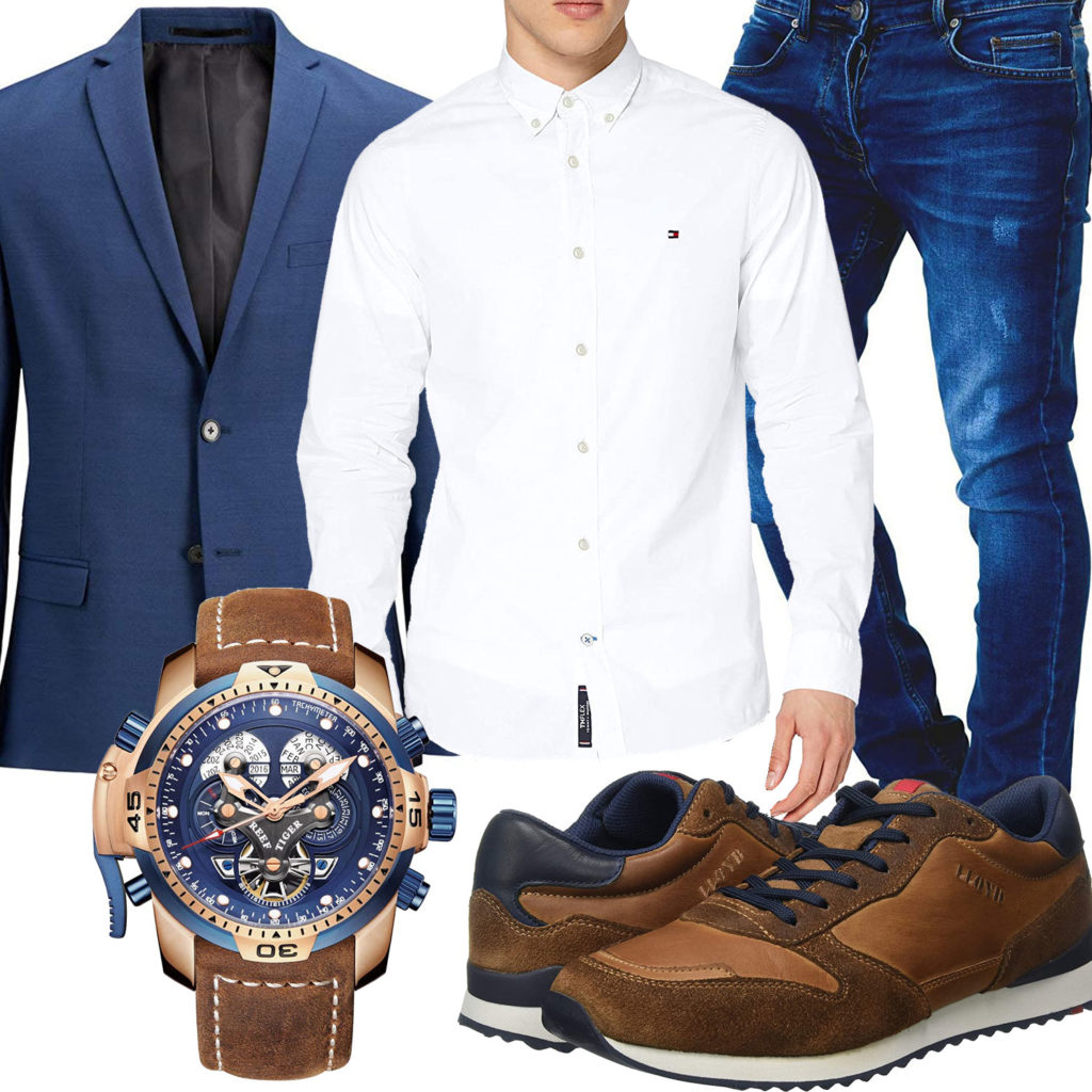 Business-Style mit blauem Sakko, Jeans und Uhr