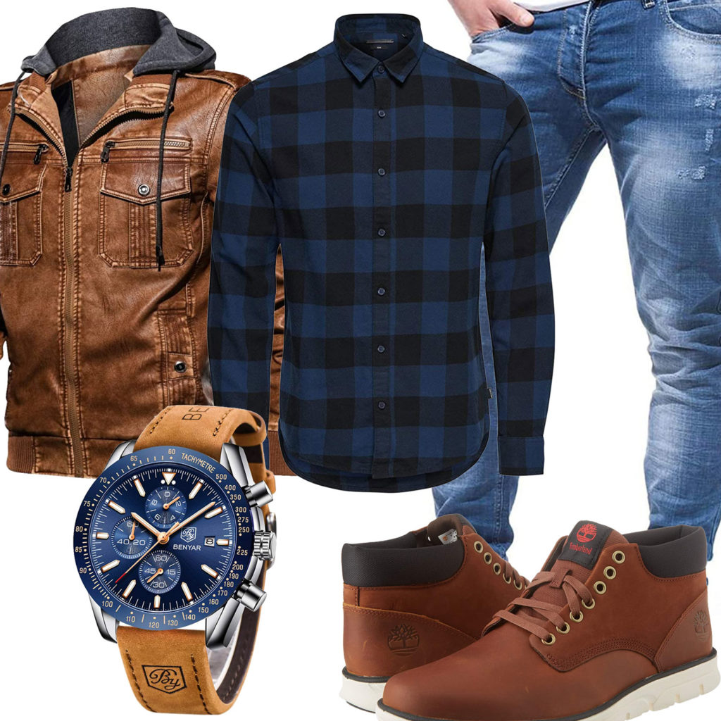Herren-Style mit braunen Stiefeln, Lederjacke und Uhr